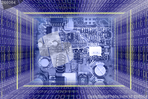 Image of Information technology background. Binary code tunnel and video card microchips