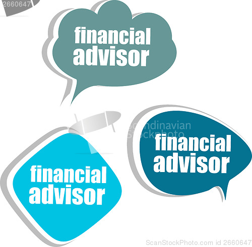 Image of financial advisor. Set of stickers, labels, tags. Template for infographics