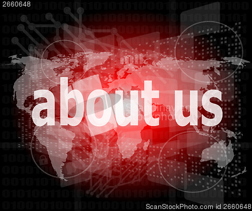 Image of pixelated words about us on digital screen, business concept