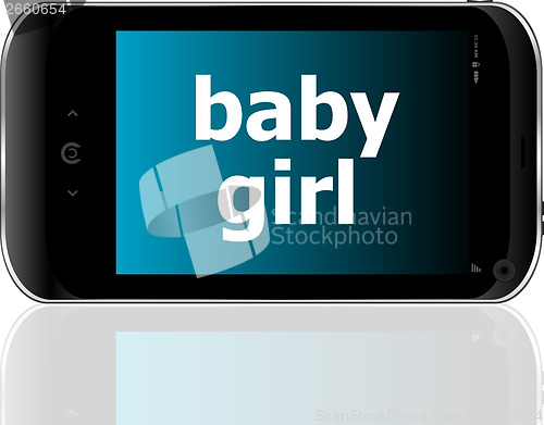 Image of digital smartphone with baby girl words, social concept