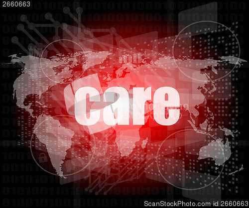 Image of care word on digital screen, mission control interface hi technology