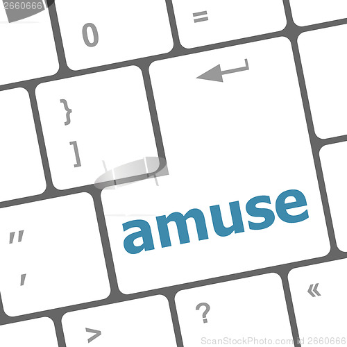 Image of Keyboard with white Enter button, amuse word on it