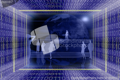 Image of Abstract information technologies background with binary code tunnel and people silhouettes