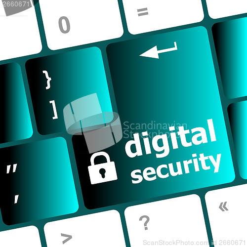 Image of Safety concept: computer keyboard with digital security icon on enter button background