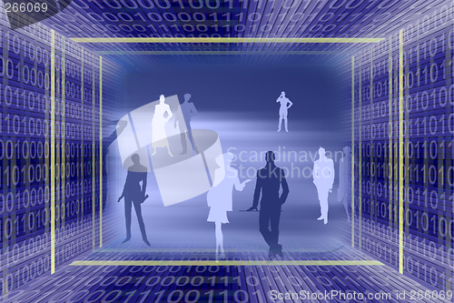 Image of Abstract information technologies background with binary code tunnel and people silhouettes