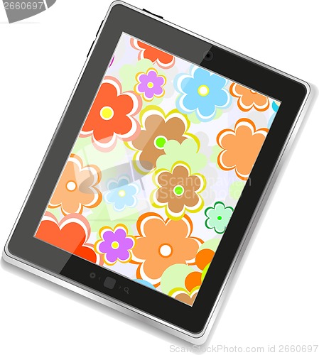 Image of Tablet pc with flowers on screen, digital smart phone