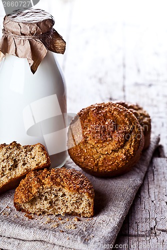 Image of bottle of fresh milk and fresh baked bread 