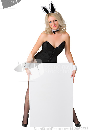 Image of Beautiful blonde in a bunny suit with banner on white background