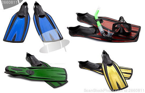 Image of Set of multicolored swim fins, mask and snorkel for diving