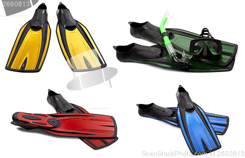 Image of Set of multicolored swim fins, masks and snorkel for diving