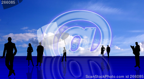 Image of Plain E-mail symbolic background with people silhouettes, against blue sky