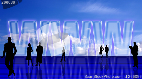 Image of Plain WEB symbolic background with people silhouettes, against blue sky