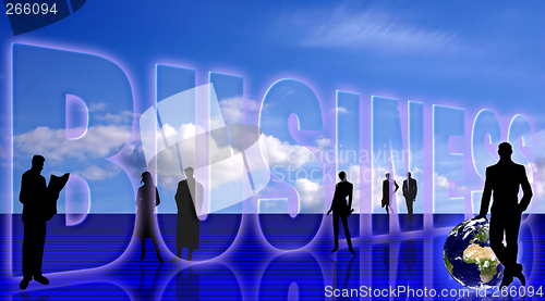 Image of Business symbolic background with people silhouettes and the Earth planet