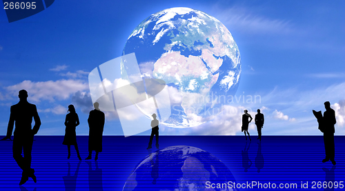 Image of Plain people team background. People silhouettes and the Earth planet