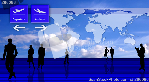 Image of Stylized airport office interior with people silhouettes and world map