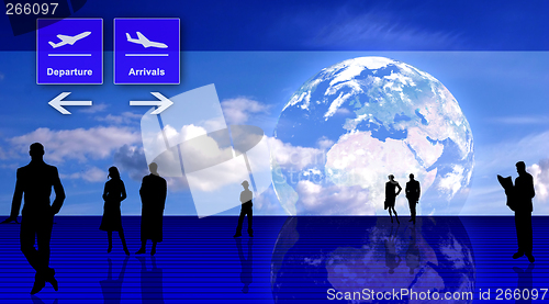 Image of Stylized airport office interior with people silhouettes and Earth planet