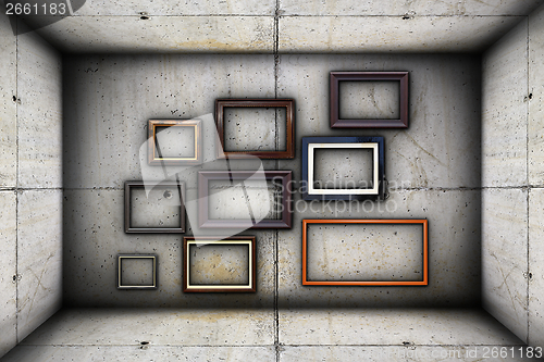 Image of futuristic backdrop with frames on concrete