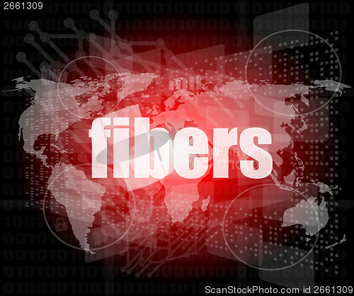 Image of fibers word on digital screen, mission control interface hi technology