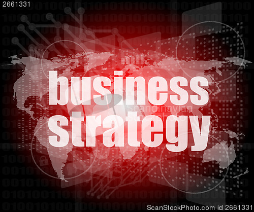 Image of business strategy word on digital screen, mission control interface hi technology