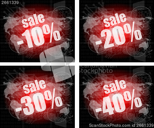 Image of set of sale percentage words on business digital touch screen