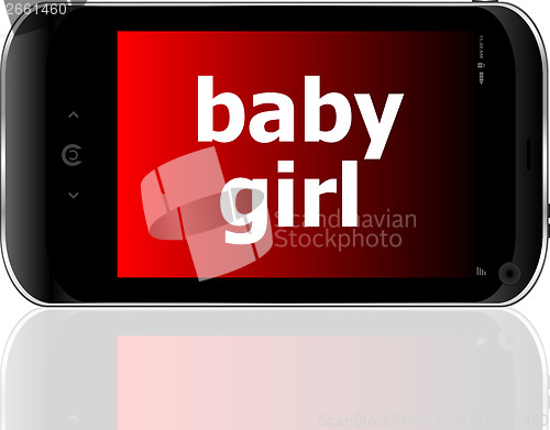 Image of digital smartphone with baby girl words, social concept