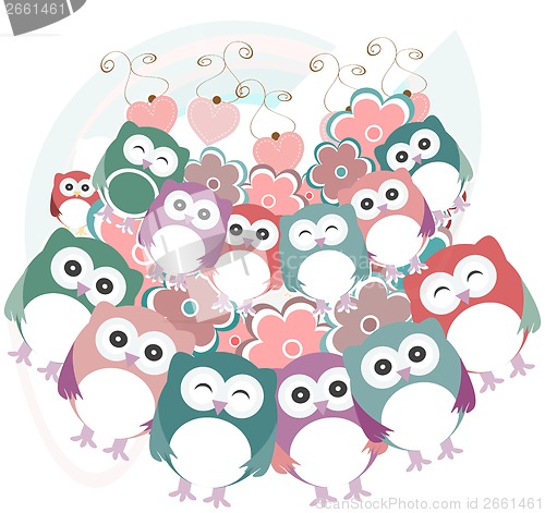 Image of owls, birds, flowers, cloud and love heart