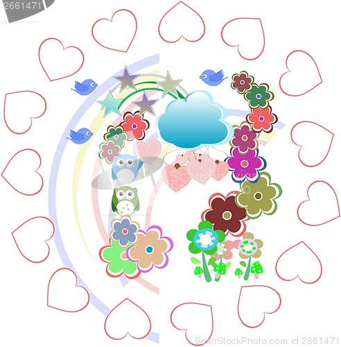 Image of Background with owls family in flowers and love hearts