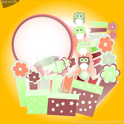 Image of Background with owl, flowers, birds and gift boxes