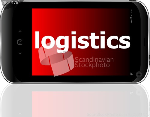 Image of smartphone with word logistics on display, business concept