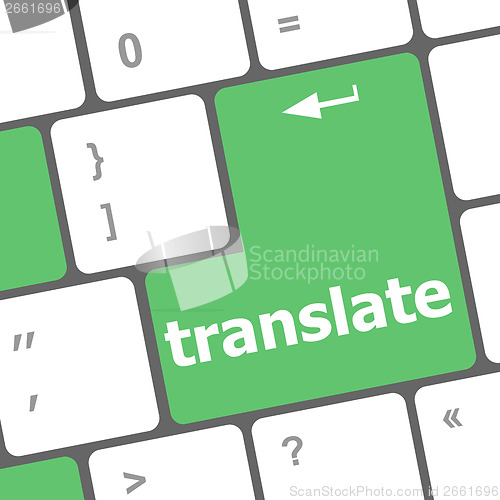 Image of Multilingual translation on-line concept. Close up of multi language keyboard and translate word key