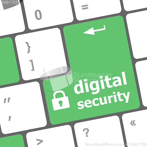 Image of Safety concept: computer keyboard with digital security icon on enter button background