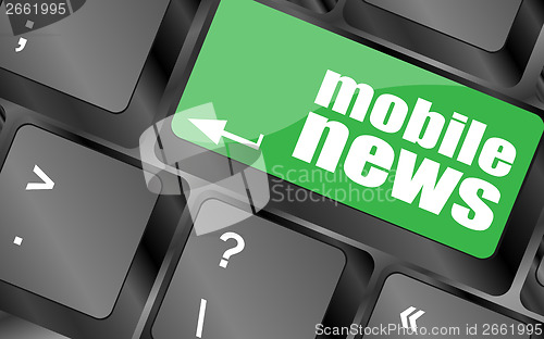 Image of mobile news word on black keyboard and green button