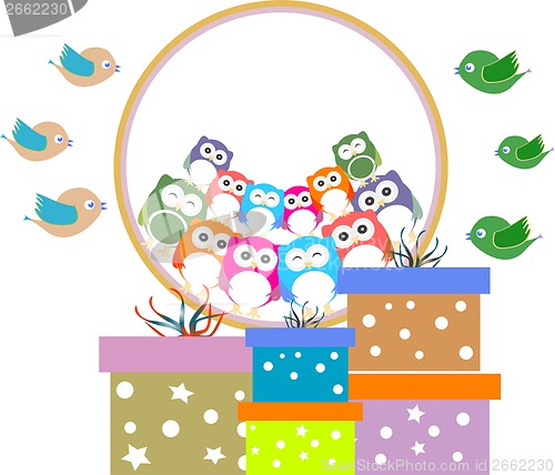 Image of birthday party elements with cute owls and birds