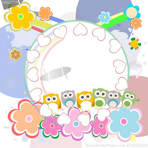 Image of birthday party elements with cute owls and birds, love hearts