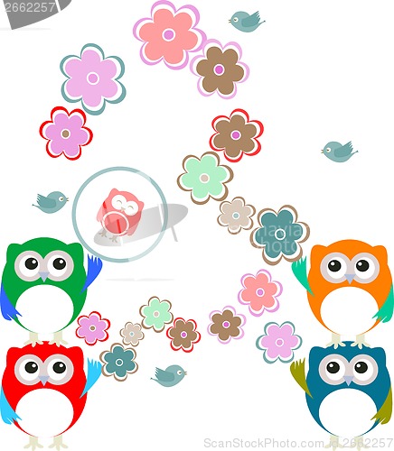 Image of birthday party elements with cute owls and birds