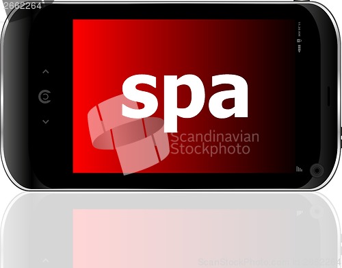 Image of smartphone with word spa on display, business concept