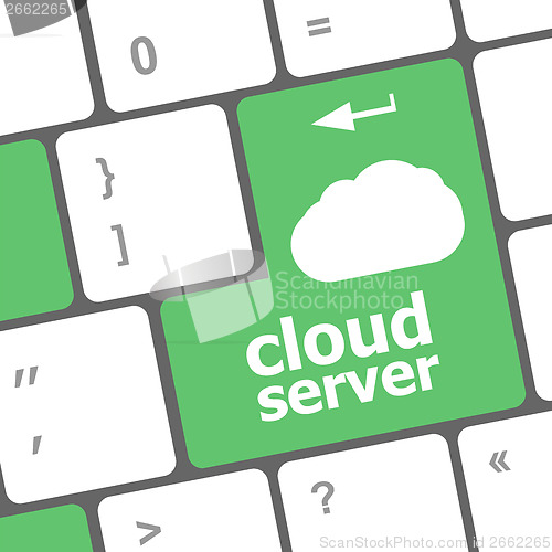Image of cloud server words concept on blue button of the keyboard