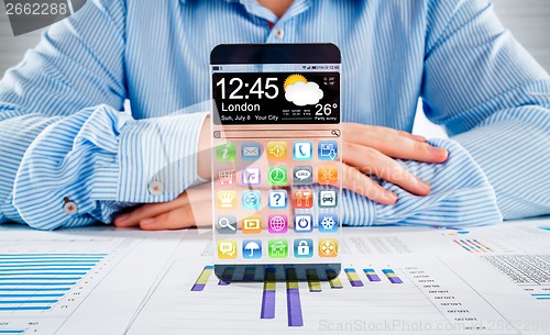 Image of Smartphone with transparent screen in human hands.