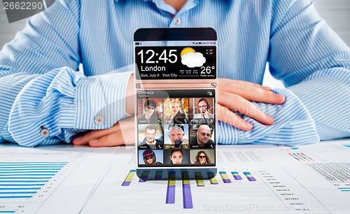 Image of Smartphone with transparent screen in human hands.