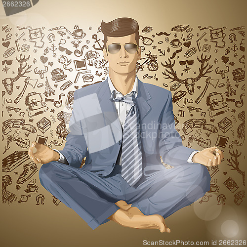 Image of Vector Hipster Businessman in Lotus Pose Meditating