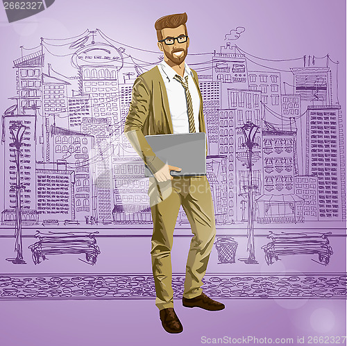 Image of Vector Hipstar Man With Laptop in His Hands