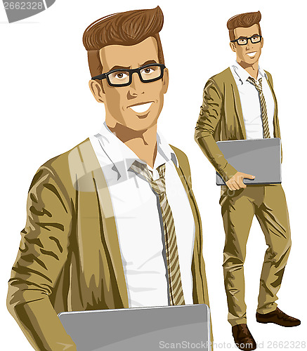 Image of Vector Hipstar Man With Laptop in His Hands
