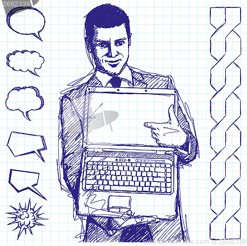 Image of Sketch Businessman With Open Laptop In His Hands