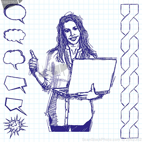 Image of Sketch Female With Laptop Shows Well Done