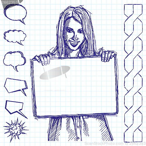 Image of Sketch Happy Business Woman Holding White Card