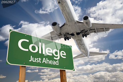 Image of College Green Road Sign and Airplane Above