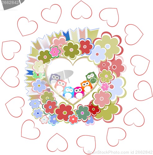 Image of Background with owls family in flowers and love hearts