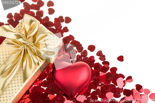 Image of Red hearts confetti on white background