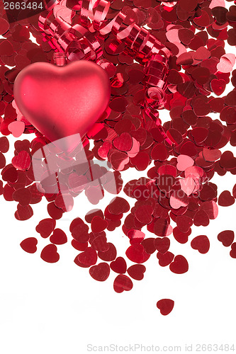 Image of Red hearts confetti on white background