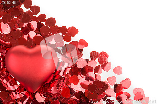 Image of Red hearts confetti on white background